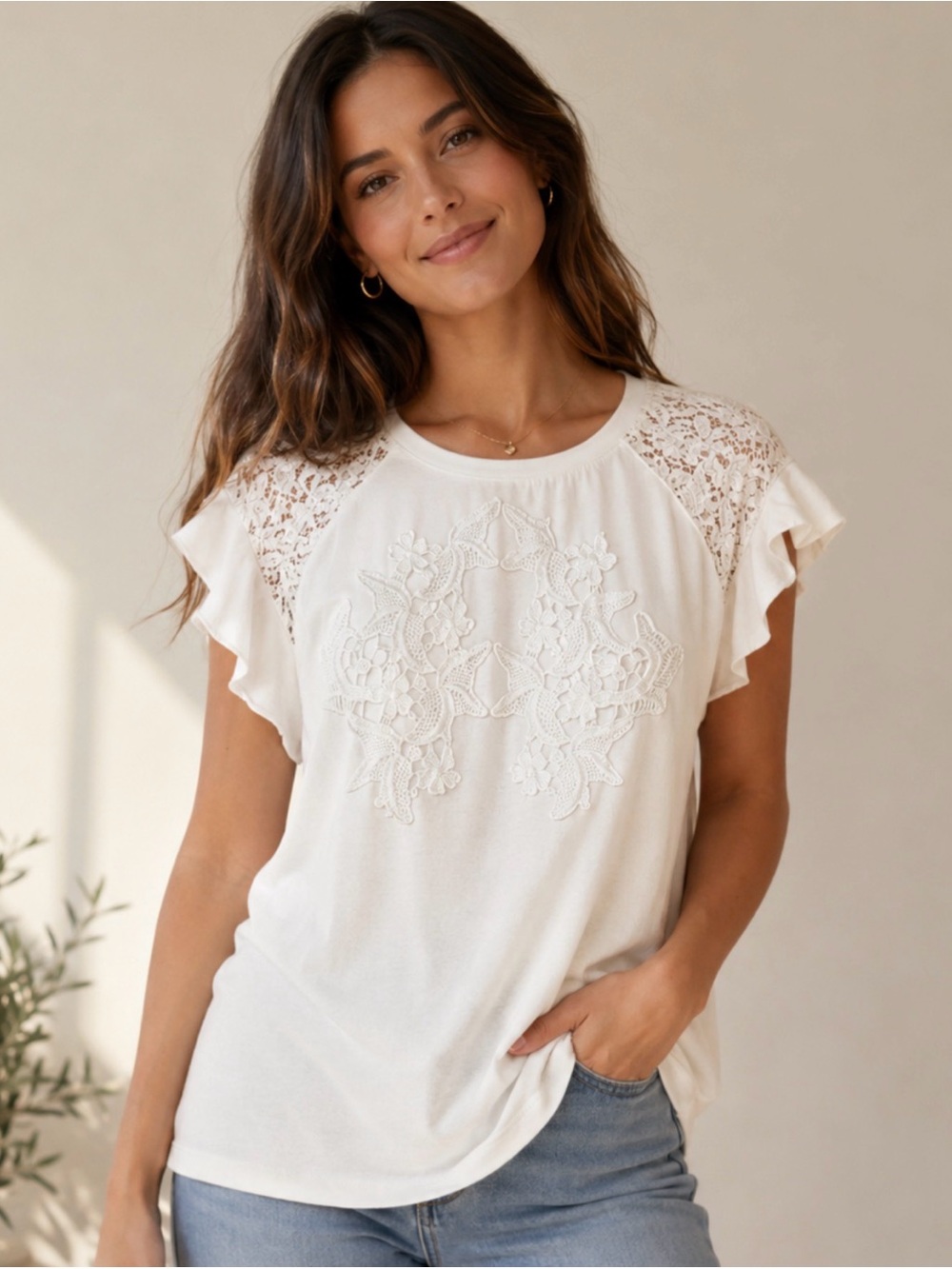 Adiva Ivory Lace Yoke Flutter Sleeve Tee